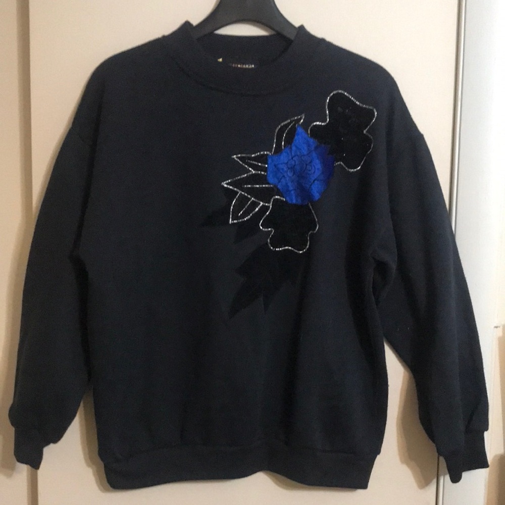 Extravaganza Black Sweatshirt w/ Velvet Flower and Leaf Embellishment